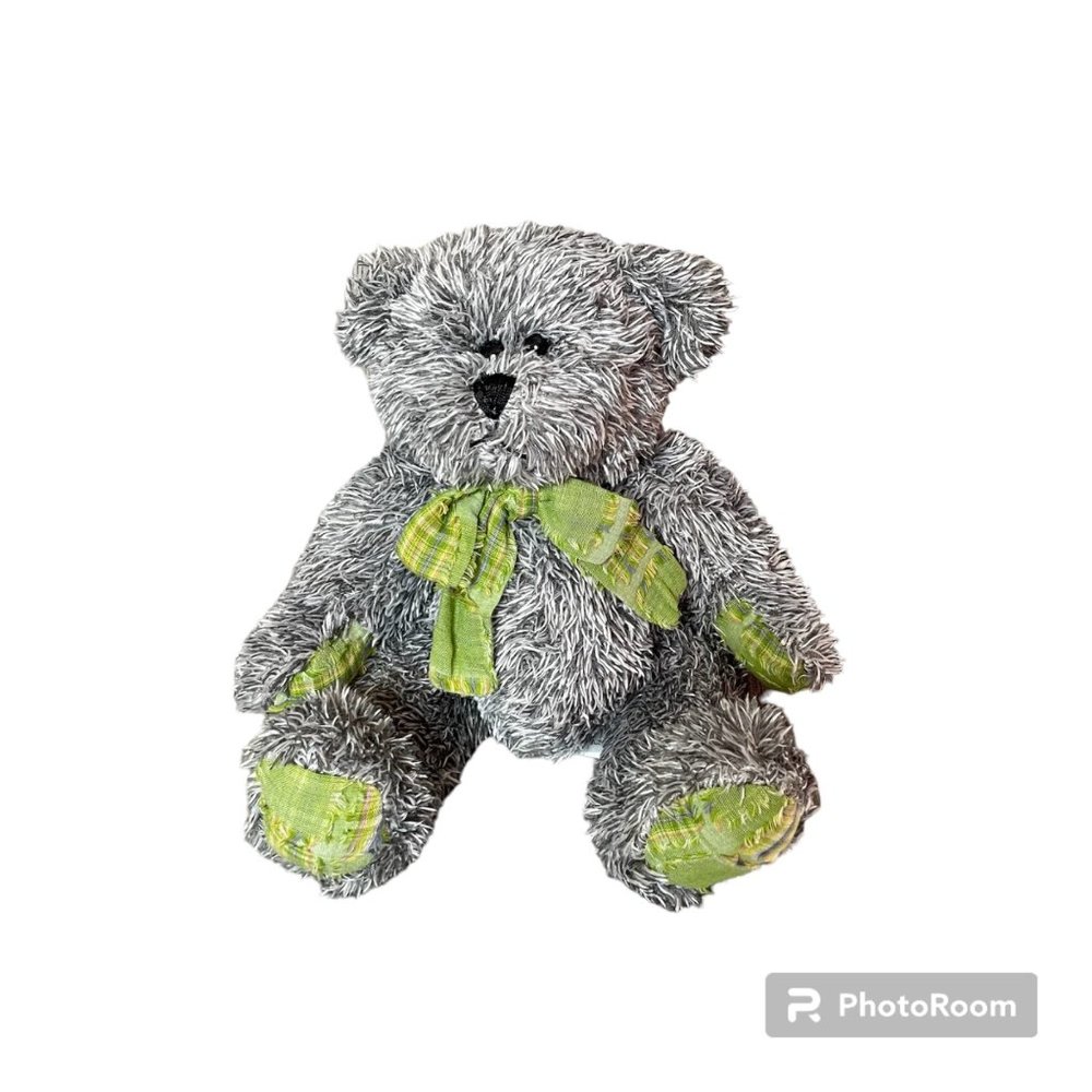 Animal Adventure Gray Teddy Bear Green Bow Toy Stuffed Plush Animal Sitting 13"